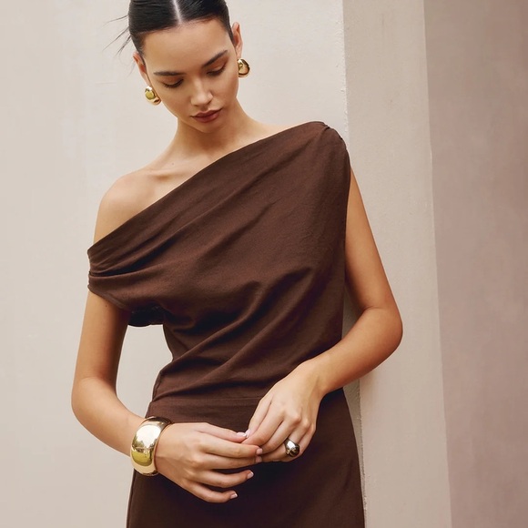 Commense Cotton & Linen Asymmetrical Neck Off the Shoulder Long Maxi Dress - Picture 2 of 12